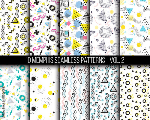 10 universal different geometric memphis seamless patterns