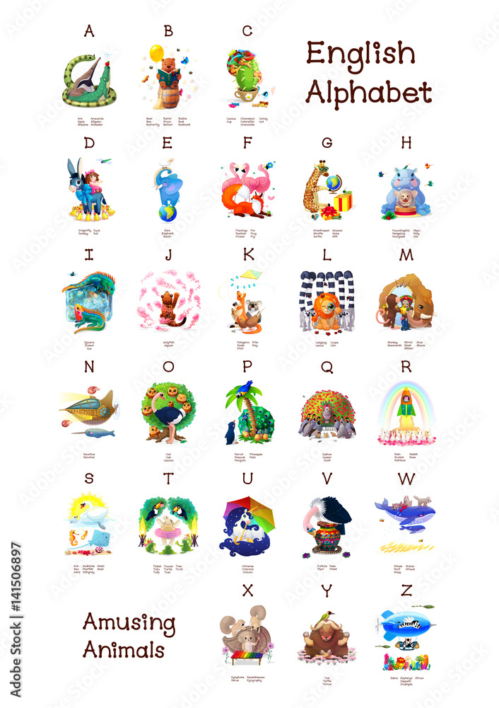 English Alphabet series of Amusing Animals. All 26 letters in one poster file
