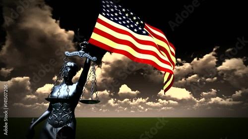 theism with scale, symbol of justice with USA flag background composition photo