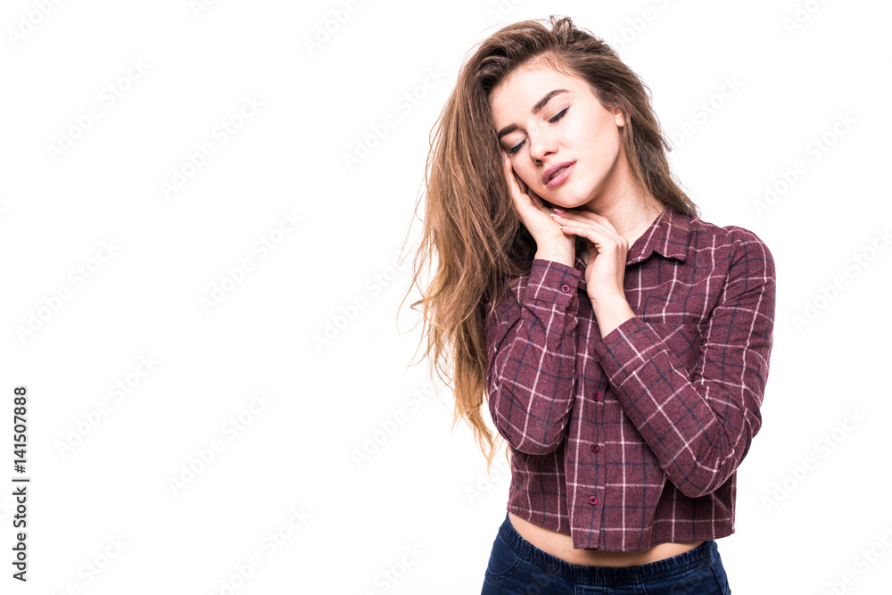 Portrait of a cheerful smiling woman in plaid shirt isolated on the white background Portrait of a cheerful smiling woman in plaid shirt isolated on the white background