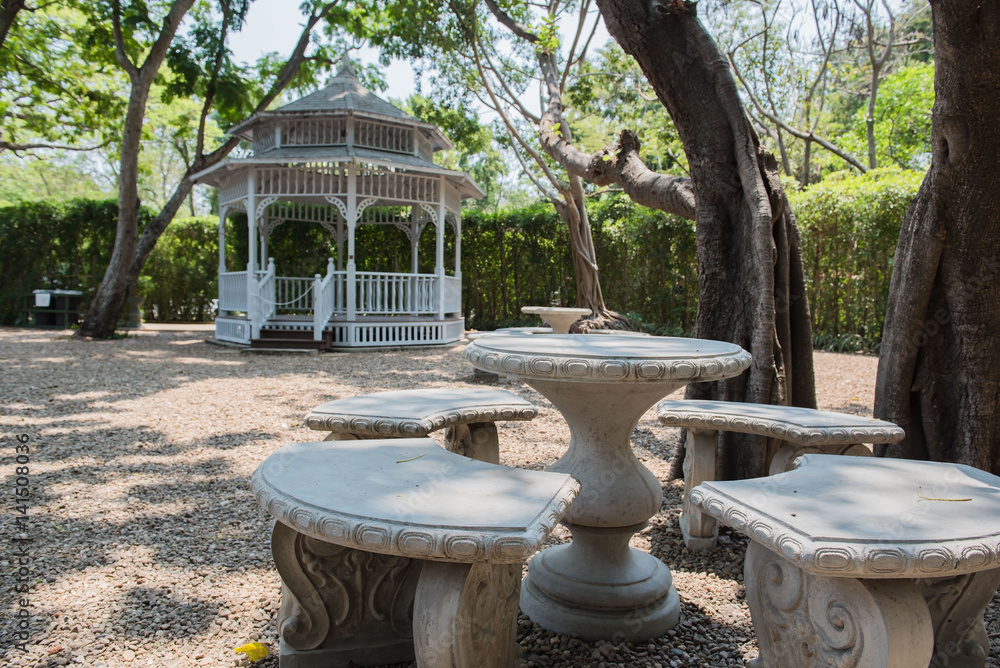 stone Circle table and chair outdoor in the garden. stone Circle table and chair outdoor in the garden.