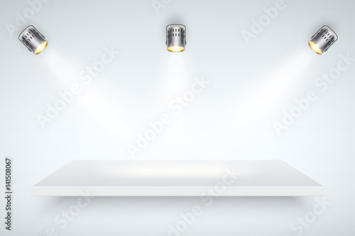 Light box with white presentation platform on light backdrop with three spotlights. Editable Background Vector illustration.