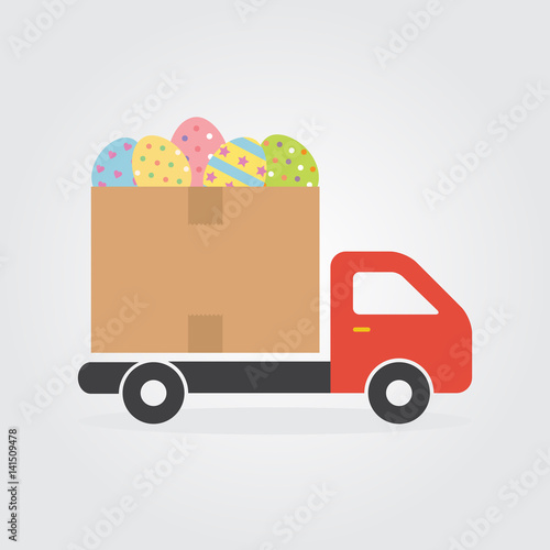 Delivery truck with colorful Decorated Easter Eggs vector illustration flat design for Easter day and Happy Easter Cards.