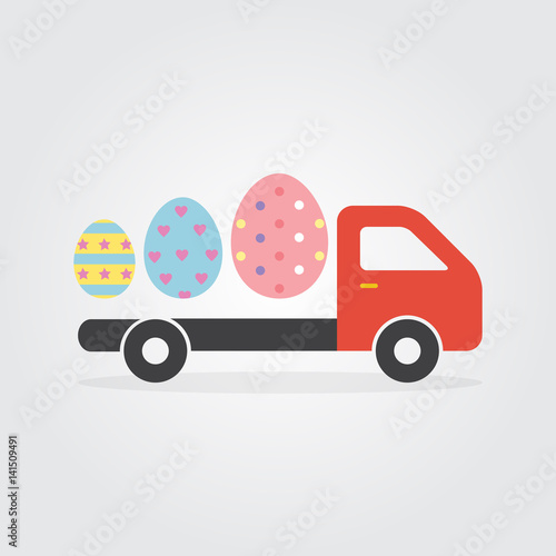 Delivery truck with colorful Decorated Easter Eggs vector illustration flat design for Easter day and Happy Easter Cards.