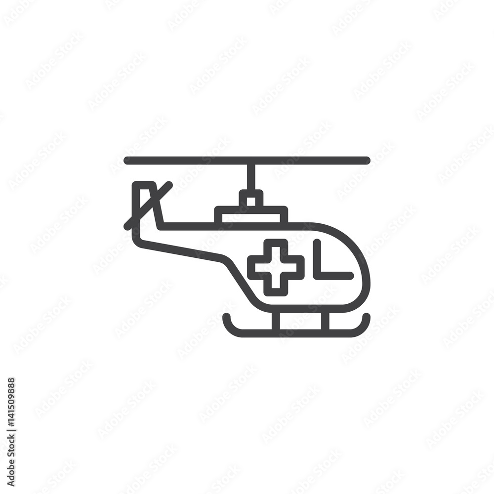 Helicopter with cross line icon, outline vector sign, linear style pictogram isolated on white. Air ambulance symbol, logo illustration. Editable stroke. Pixel perfect