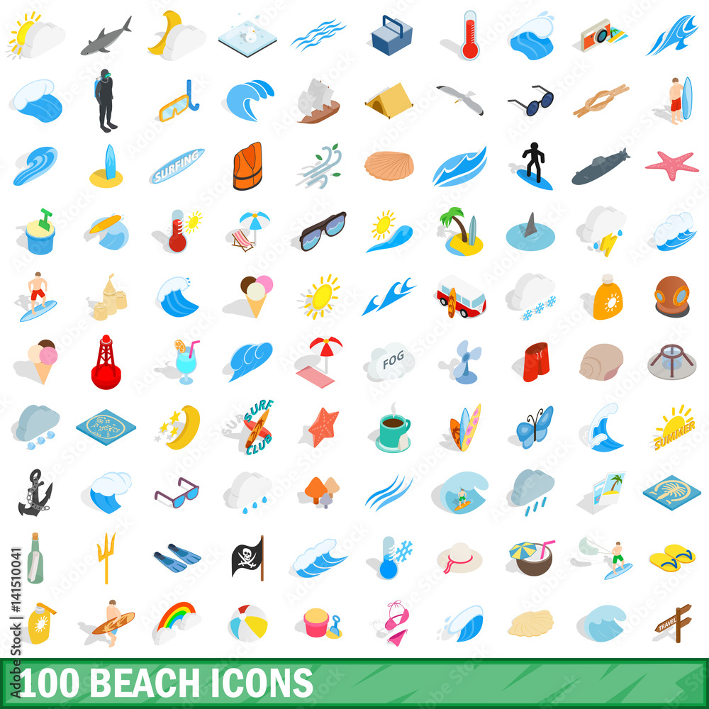 100 beach icons set, isometric 3d style