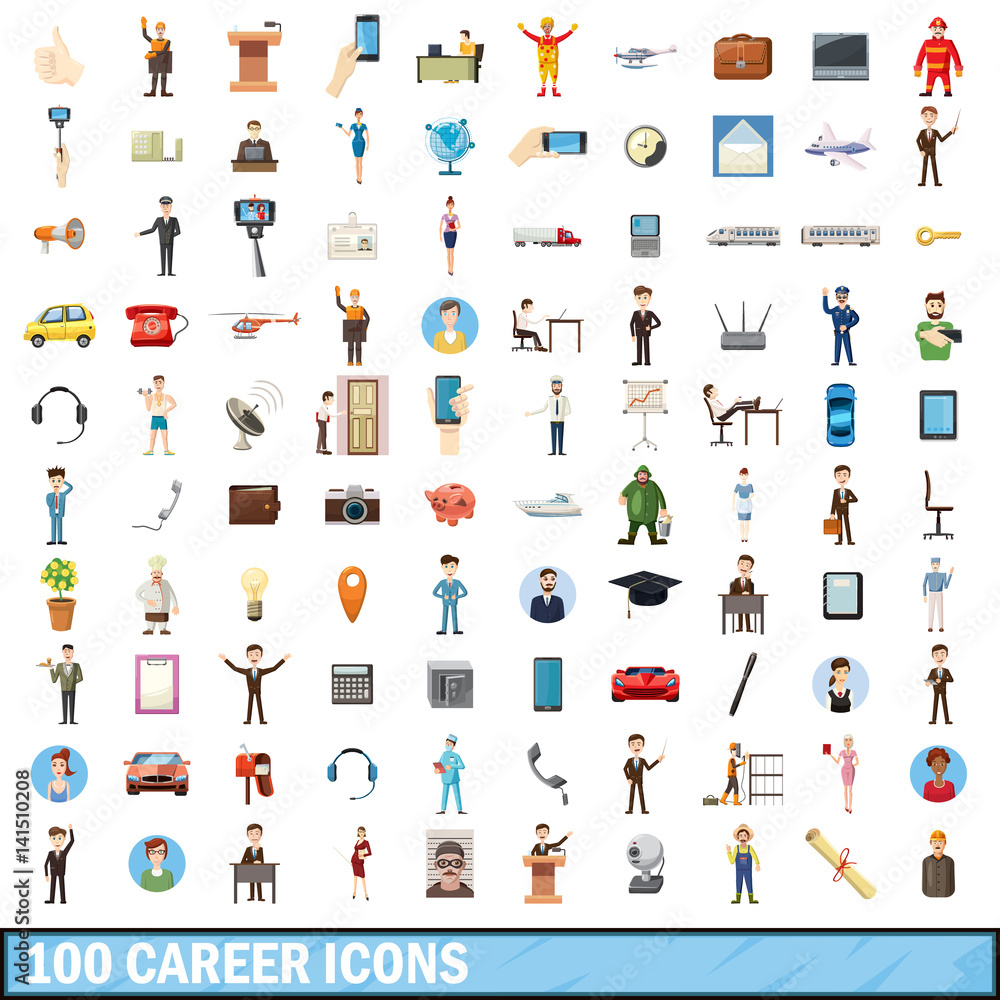 100 career icons set, cartoon style 100 career icons set, cartoon style