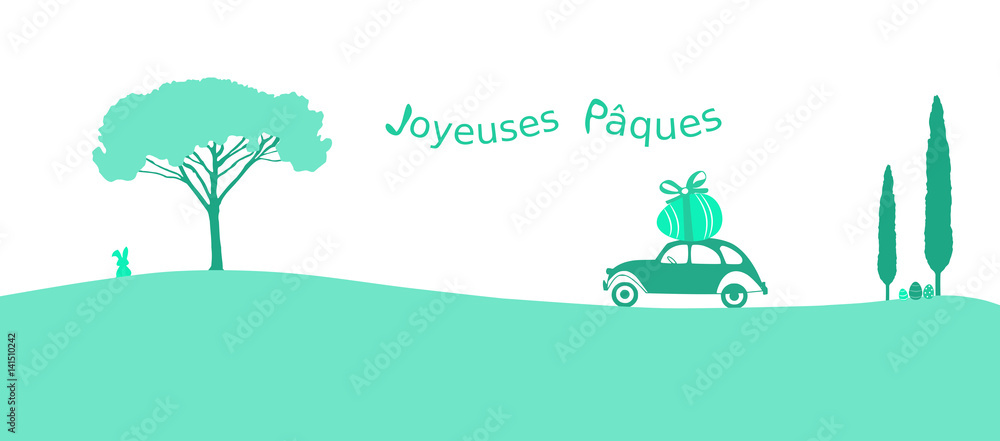 Joyeuses Paques. Old French car (duck or tin snail) with egg on the roof in French landscape with eggs and rabbit. Green shades. Words : Happy Easter (in French)