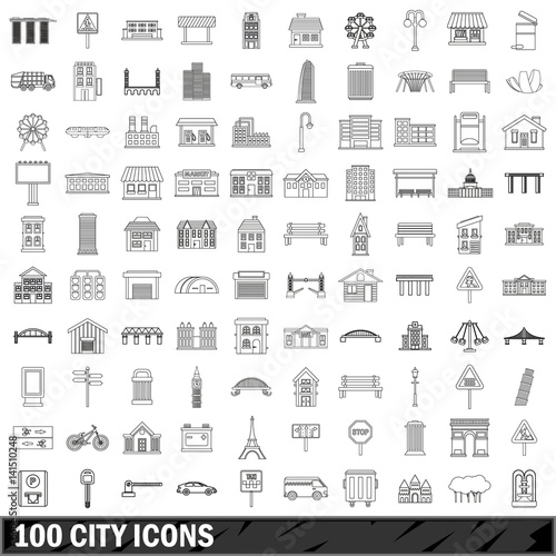 100 city icons set, outline style