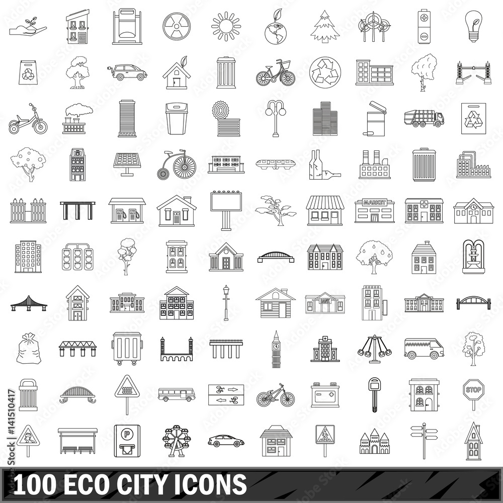 100 eco city icons set, outline style
