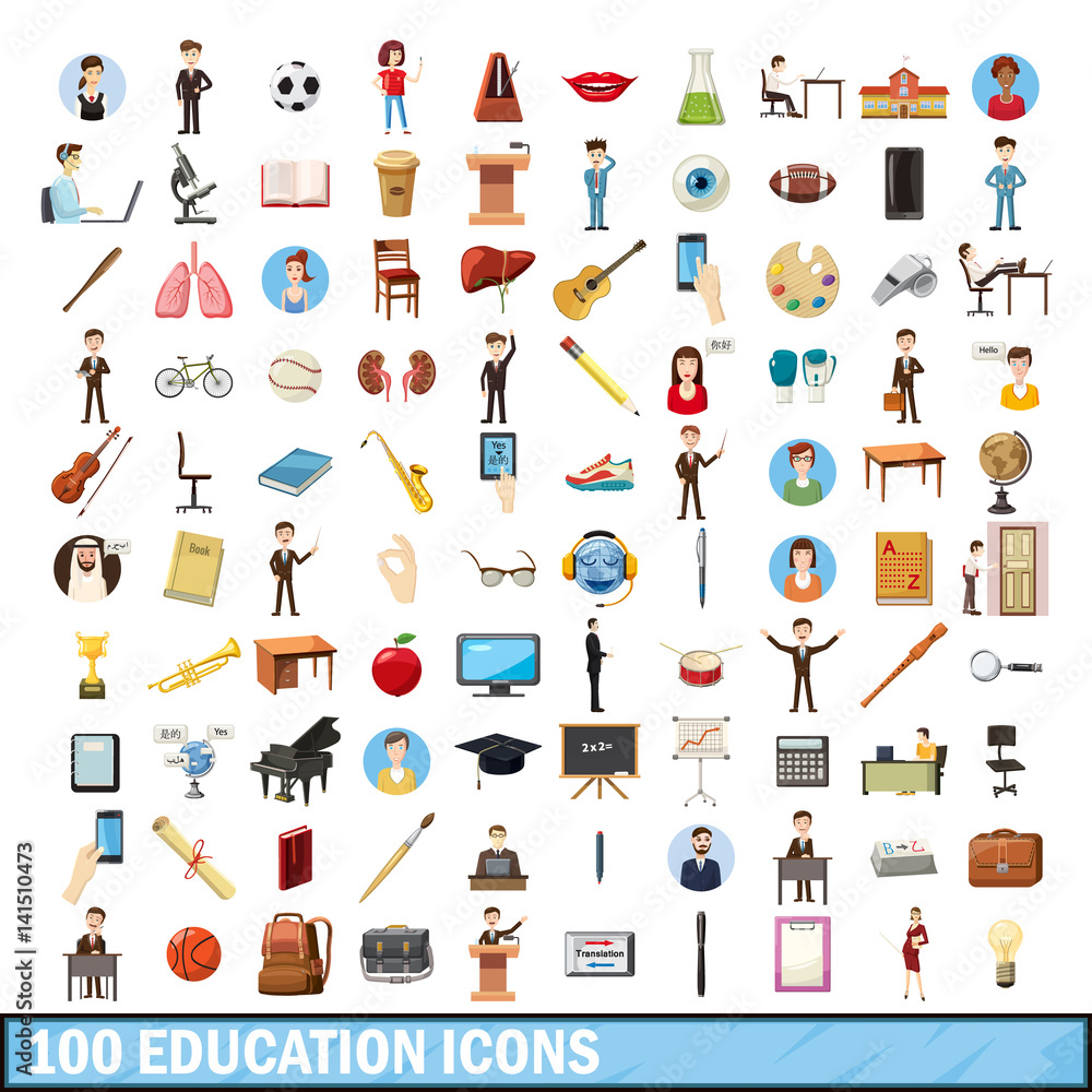 100 education icons set, cartoon style 100 education icons set, cartoon style