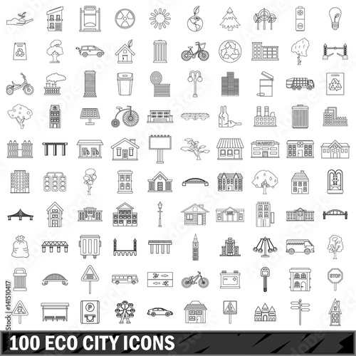 100 eco city icons set, outline style