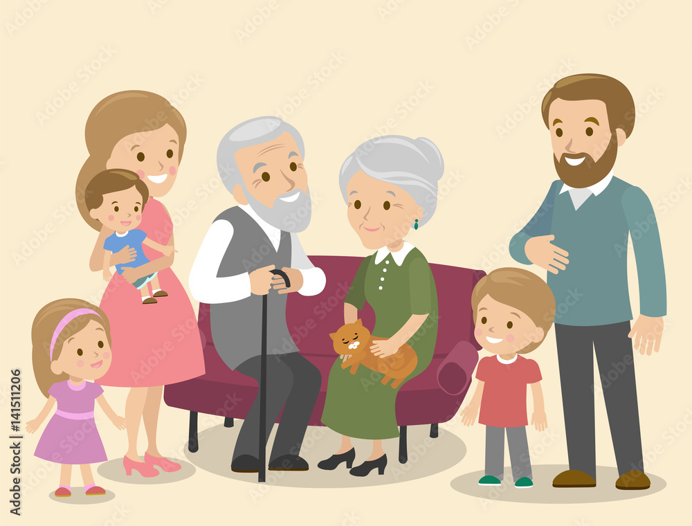 Big family together. Vector illustration of a flat design cat