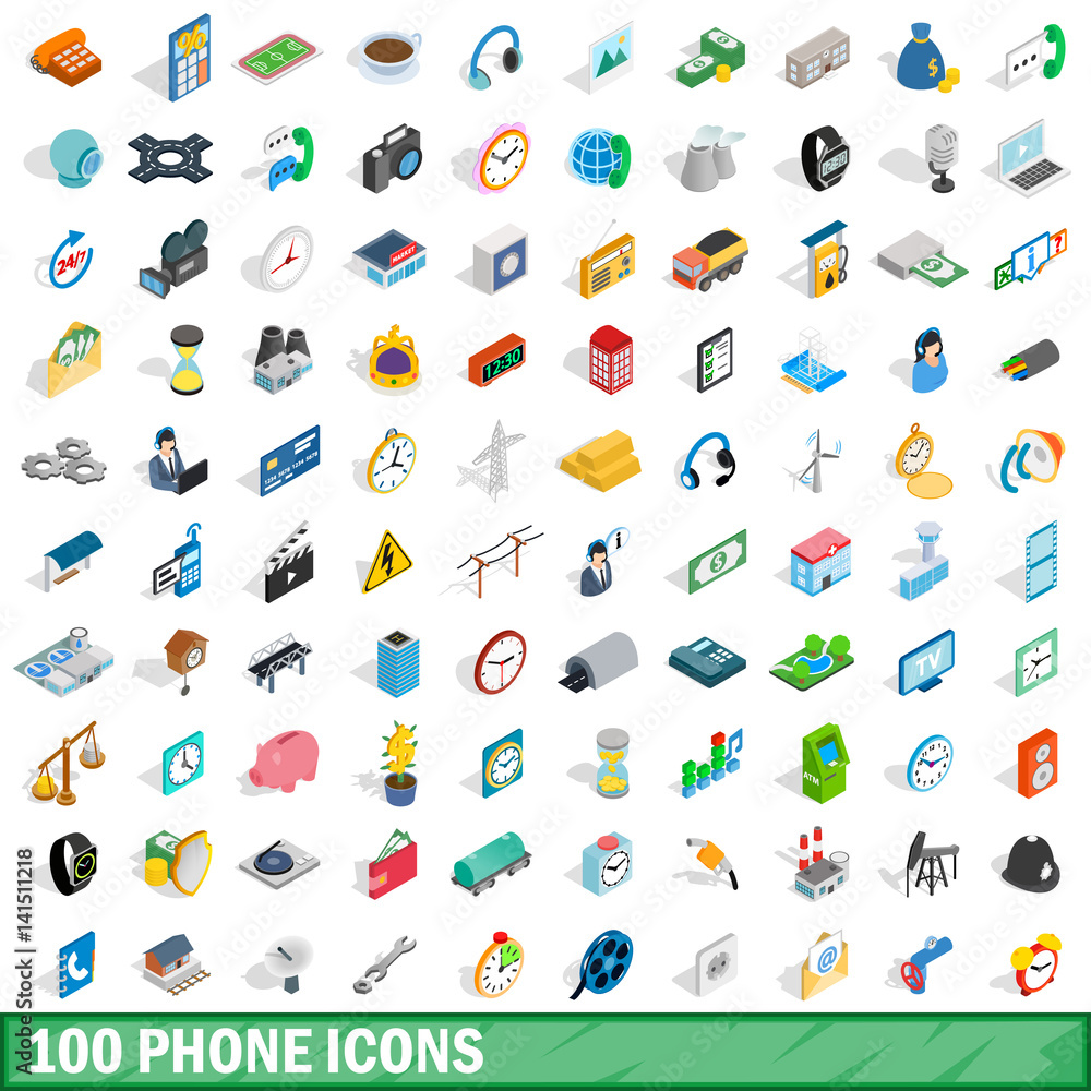 100 phone icons set, isometric 3d style 100 phone icons set, isometric 3d style