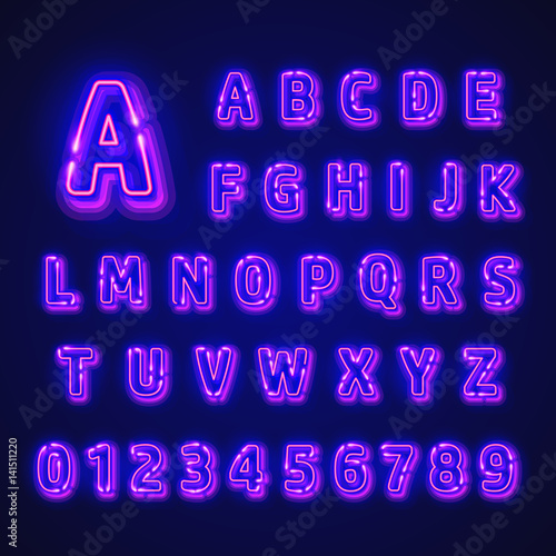 Fluorescent neon font on dark background. Nightlight alphabet. Vector illustration.