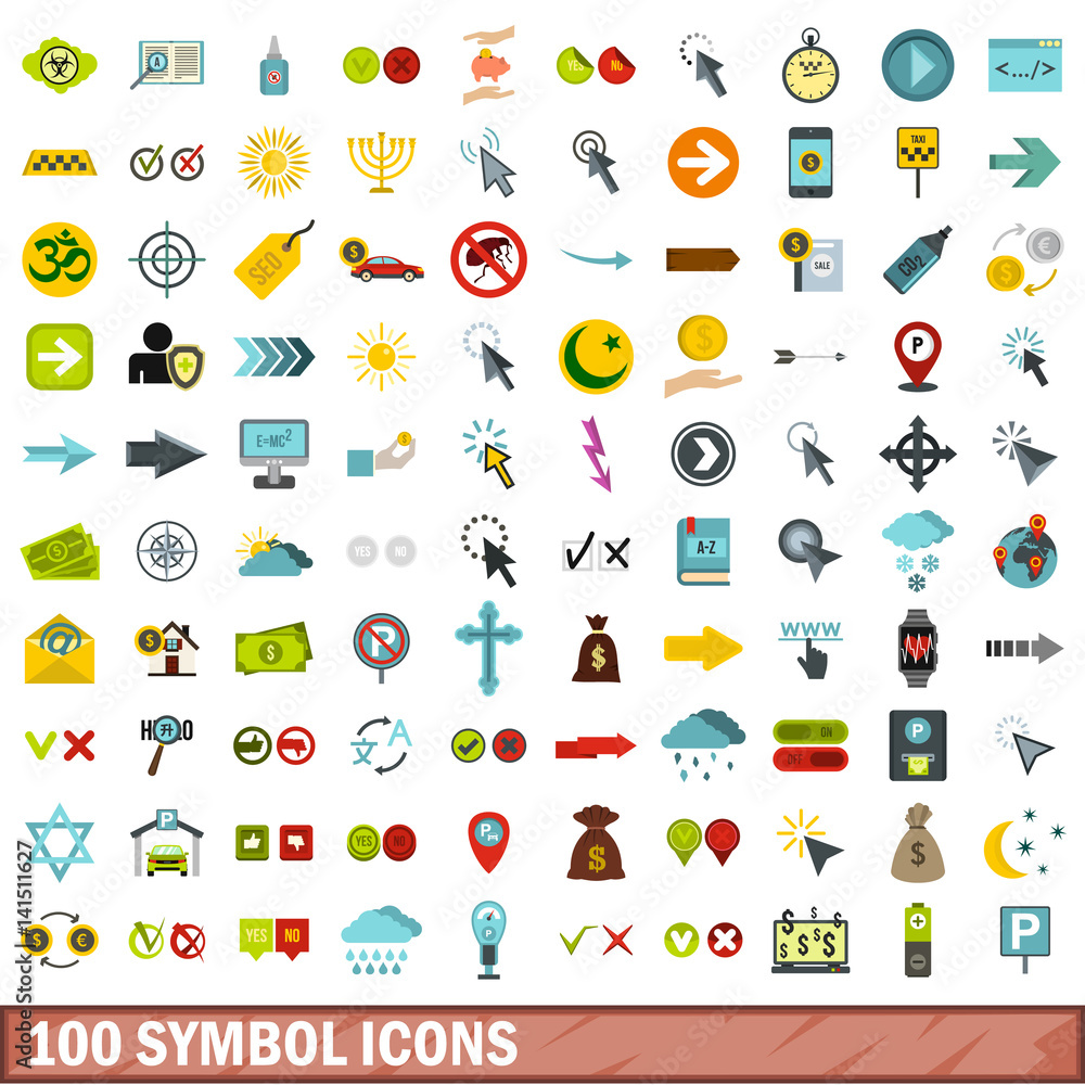 Fototapeta premium 100 symbol icons set, flat style