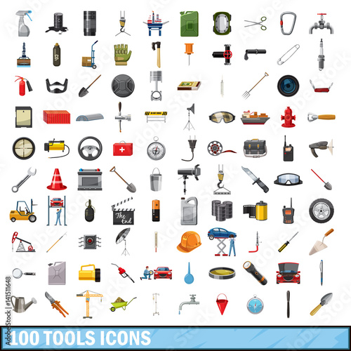 100 tools business icons set, cartoon style