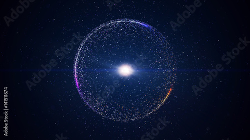 Abstract background with circular shape formed of small particles. Light ray effect.
