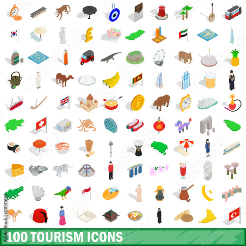 100 tourism icons set, isometric 3d style