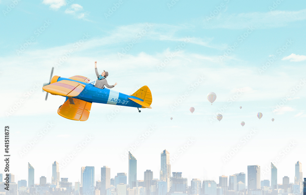 Woman in drawn airplane . Mixed media Woman in drawn airplane . Mixed media