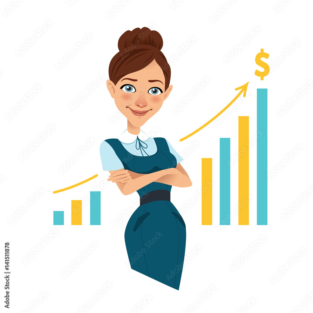 Woman stands near board with profit growth chart. Woman stands near board with profit growth chart.