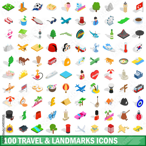 100 travel landmarks icons set, isometric 3d style