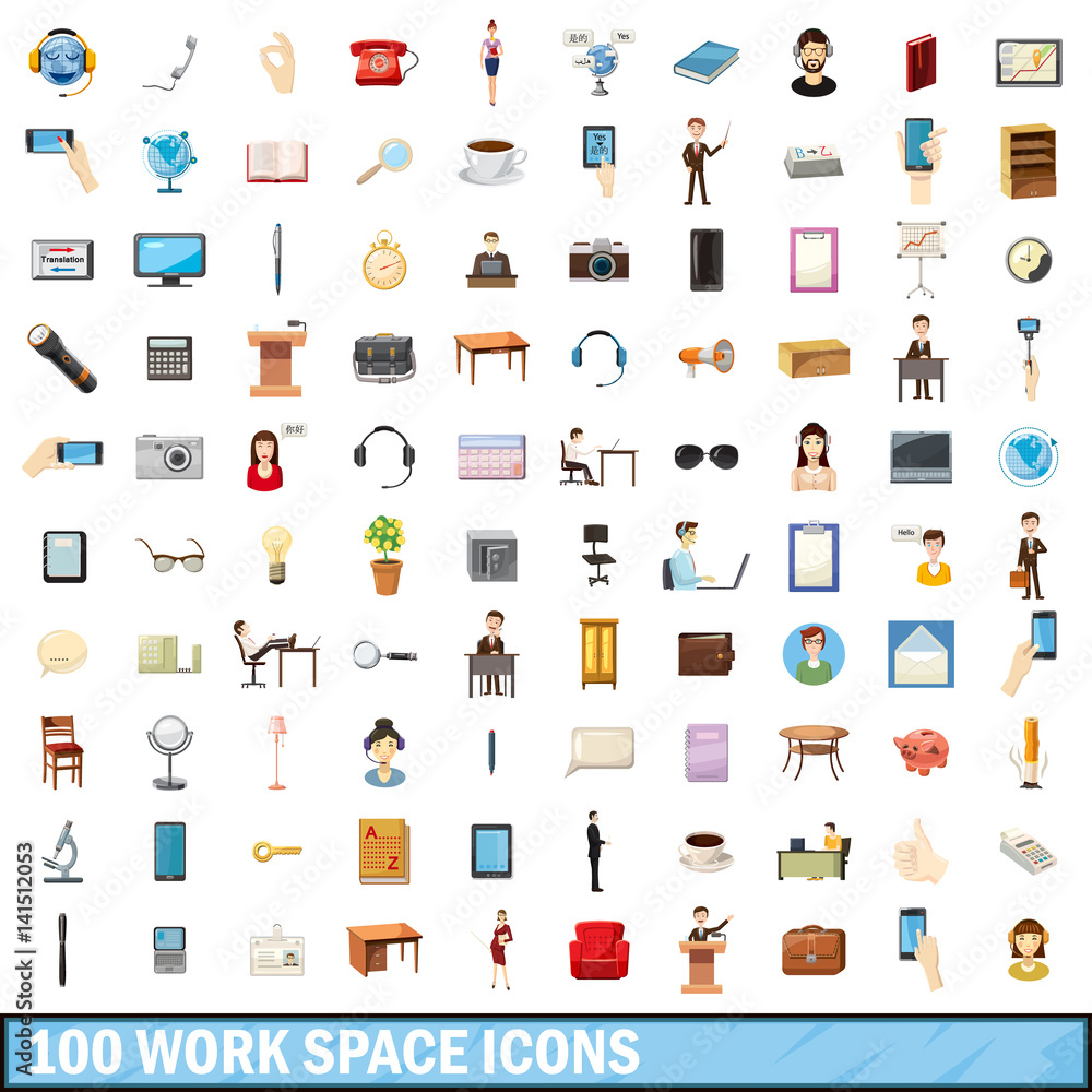 100 work space icons set, cartoon style 100 work space icons set, cartoon style