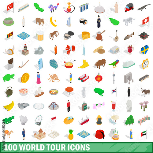 100 world tour icons set  isometric 3d style