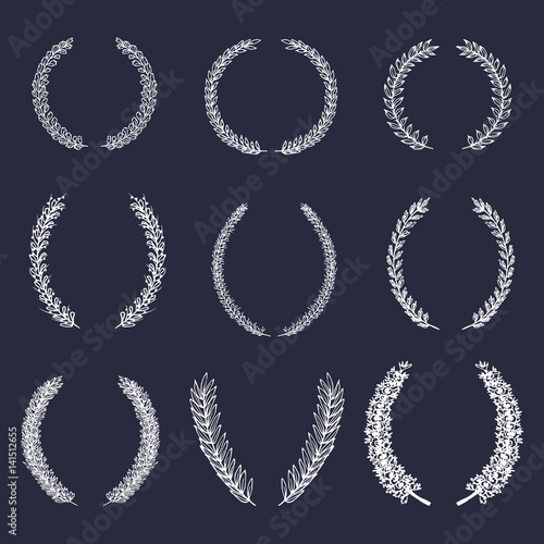 Vector set of hand drawn different floral laurels and wreaths.