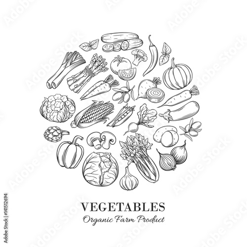 Poster round composition with hand drawn vegetable