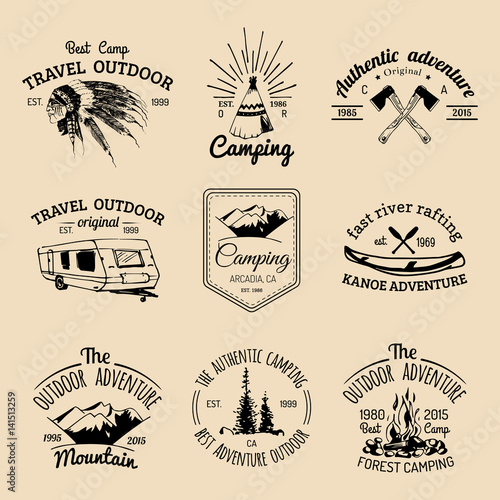 Vector set of camping logos. Tourism emblems or badges. Signs collection of outdoor adventures with Indian elements.