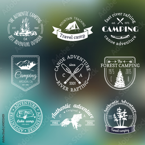 Vector set of camping logos. Tourism emblems or badges. Signs collection of outdoor adventures with Indian elements.