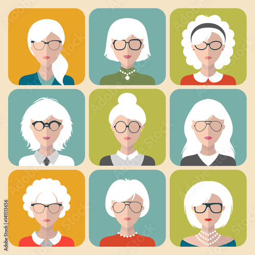 Vector set of different old woman with gray hair app icons in flat style. Heads and faces images collection.