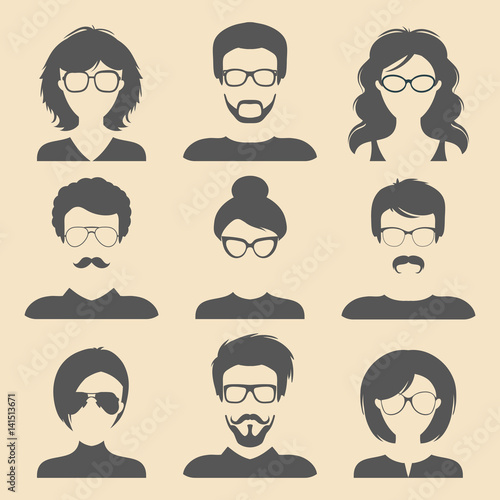 Vector set of different male and female icons in trendy flat style. People faces icons collection.