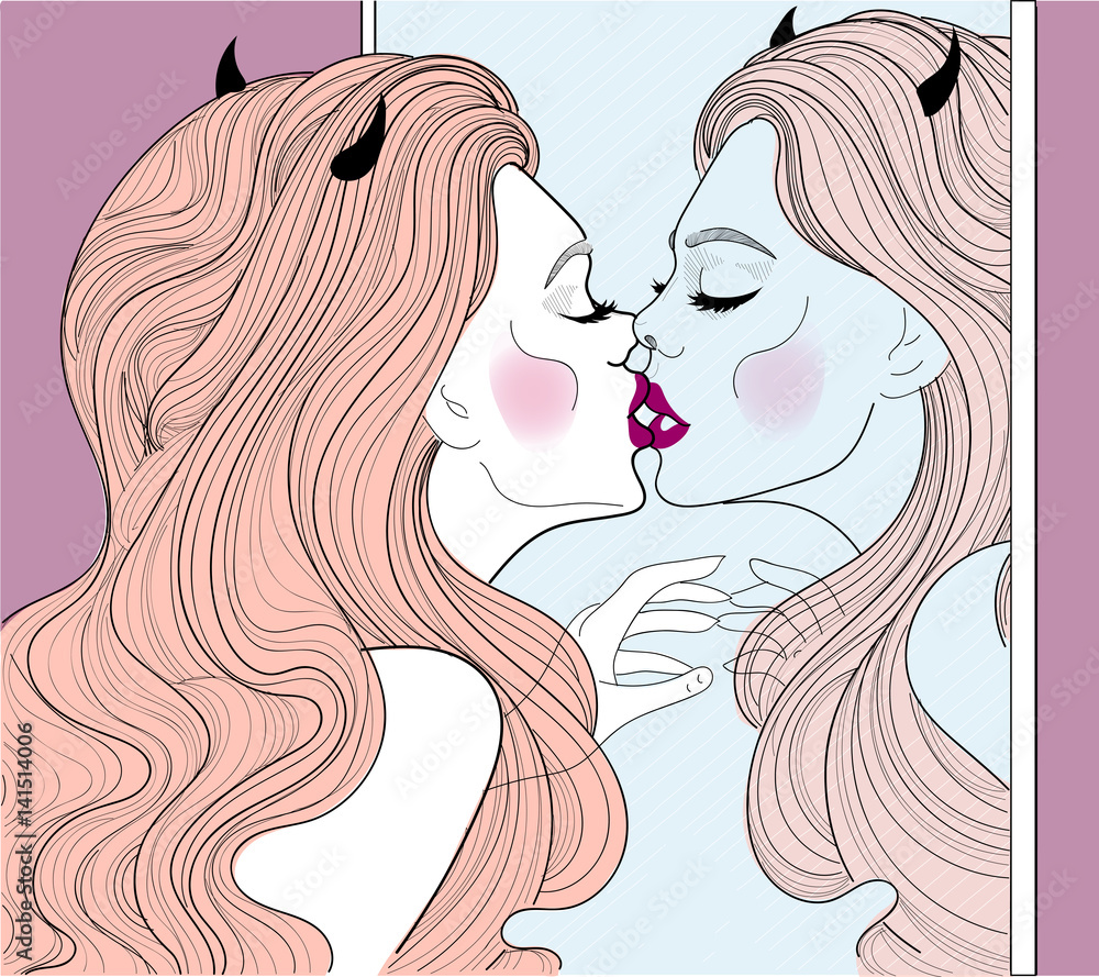 vector girl, woman, devil, kisses the mirror, because she loves herself,  confident, conceited Stock Vector | Adobe Stock