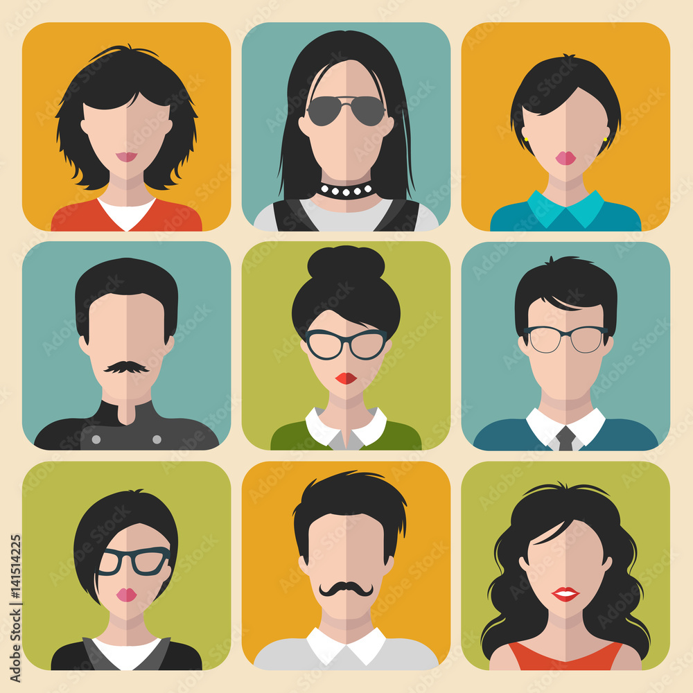 Vector set of different brunet people app icons in flat style. People heads and faces images collection. Vector set of different brunet people app icons in flat style. People heads and faces images collection.