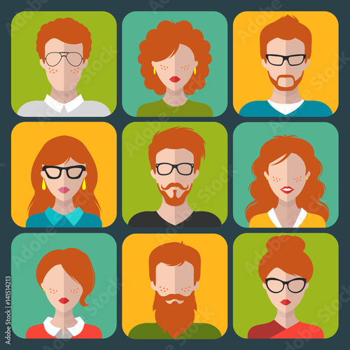 Vector set of different redhead people app icons in flat style. People heads and faces images collection.