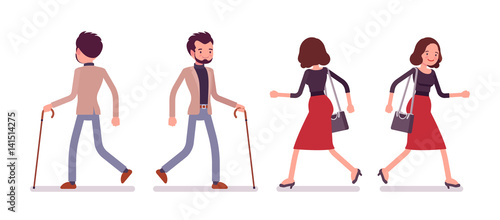Lady and gentleman in walking pose, rear and front view