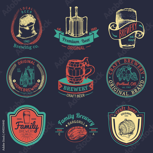 Old brewery logos set. Kraft beer retro signs with hand sketched glass, barrel etc. Vector homebrewing labels or badges.