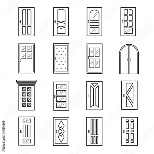 Linear door icons. Thin outline line doors of elevator and entrance, metro and saloon vector doors