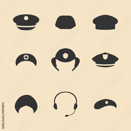 Vector set of different professions hats icons in trendy flat style.