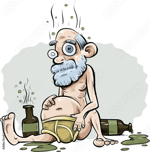 A sad, drunk old man sitting in his underwear, surrounded by leaking bottles.