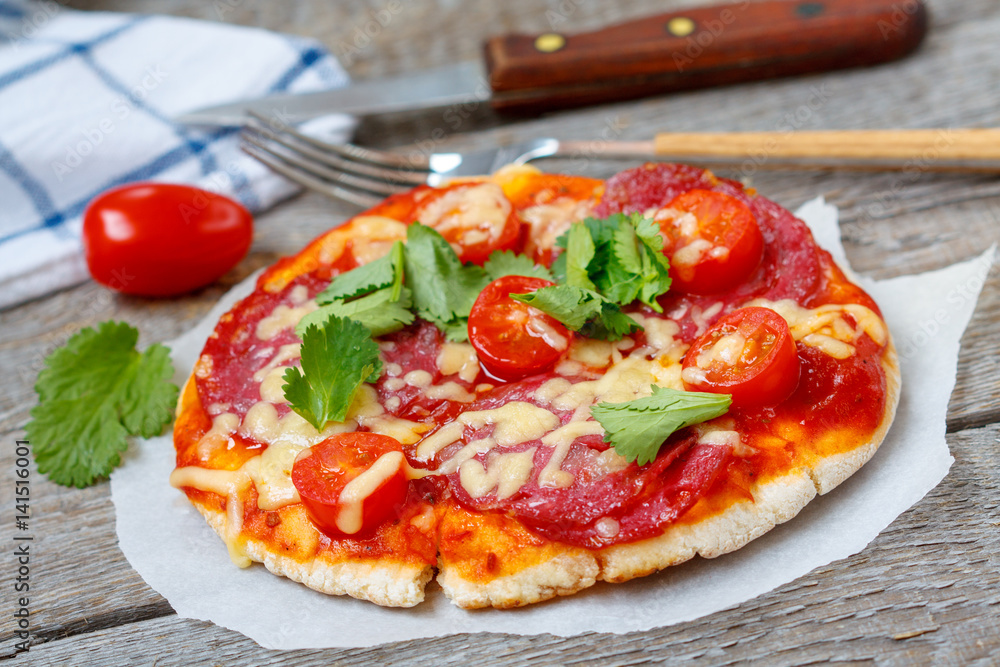 Homemade mini pizza with salami and tomatoes. Homemade mini pizza with salami and tomatoes.