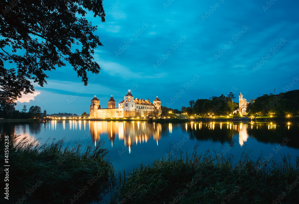 Fototapeta premium Belarus. Mir Castle Complex In Bright Evening Illumination, Glow