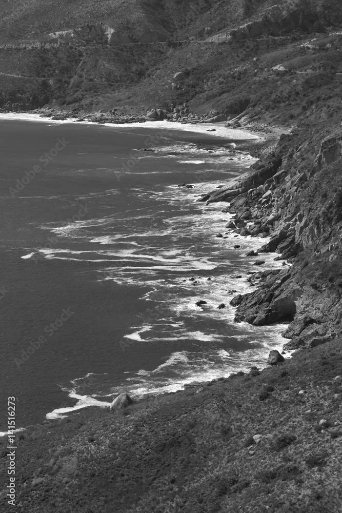 Black and white rugged coastline