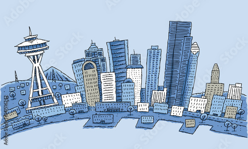 Cartoon illustration of the waterfront of Seattle, Washington, USA.