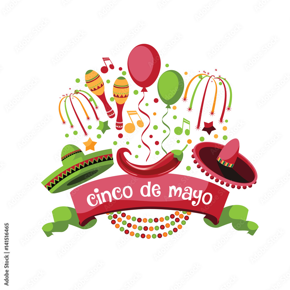 Cinco de Mayo sombrero, maracas and chili pepper Flat design. For celebration of the May 5 Mexican holiday. EPS 10 vector.