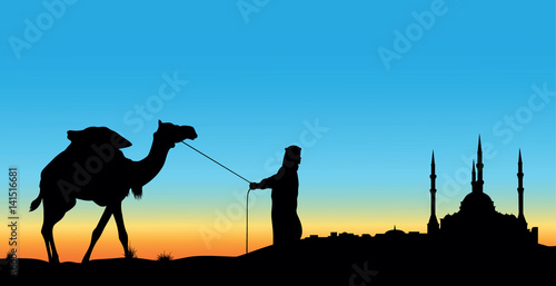 Fotografia Illustration, a mosque and a drover with a camel.