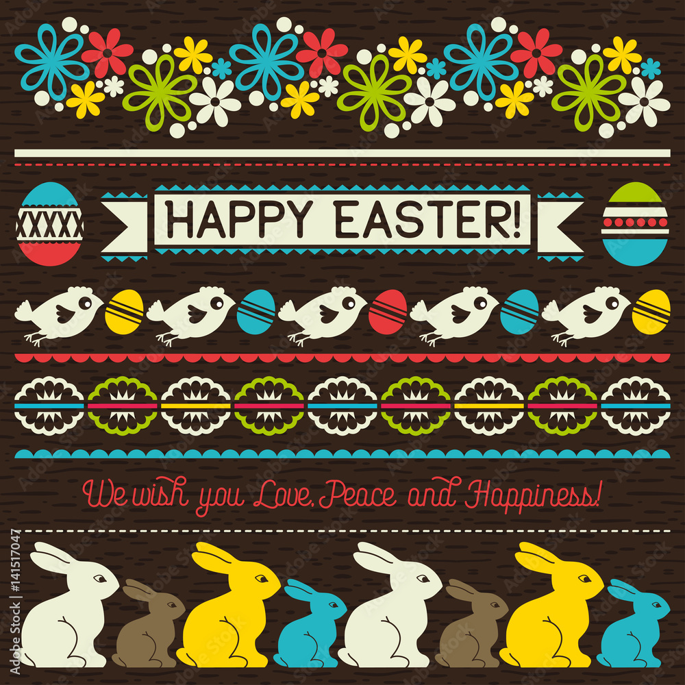 Easter greetings cards with color easter eggs, flowers and rabbits.Ideal for printing onto fabric and paper or scrap booking, vector illustration