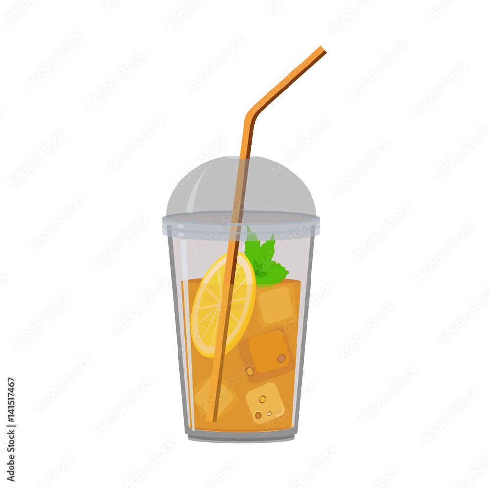 Plastic cup with lid. Ice tea with sliced lemon and mint. Abstract concept.  Vector illustration. Stock Vector